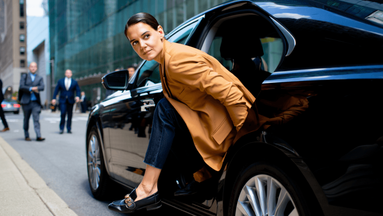 Katie Holmes is seen on September 23, 2025 in New York City collaged with Franco Sarto Senna Loafer
