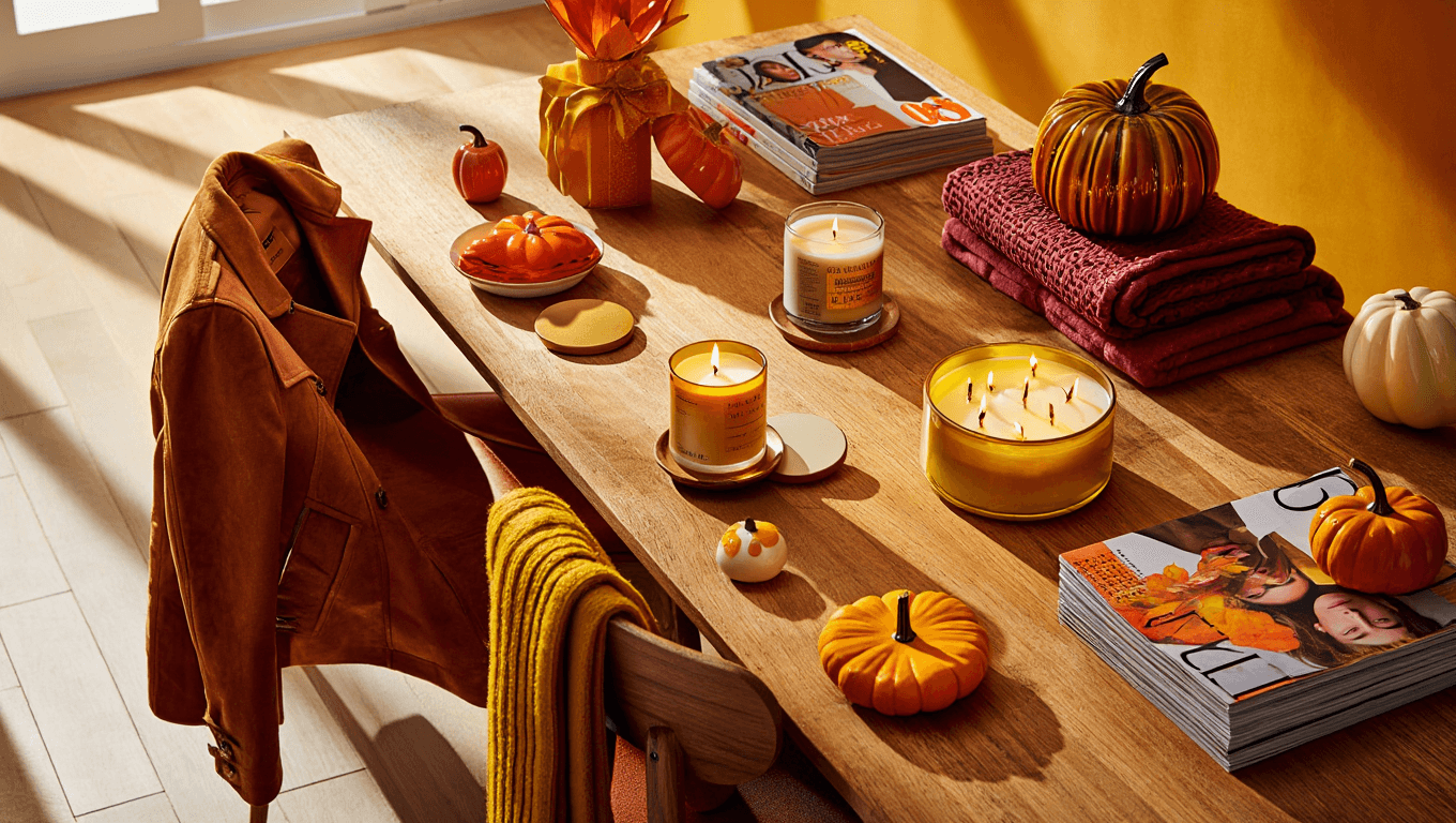 Selection of items including a purse ghostthemed mug orange pillow and wideleg jeans with boots