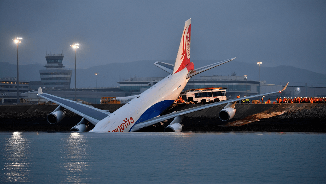 A cargo plane lies partially in the sea after veering off the runway during landing at Hong Kong International Airport in Hong Kong, China, October 20, 2025.