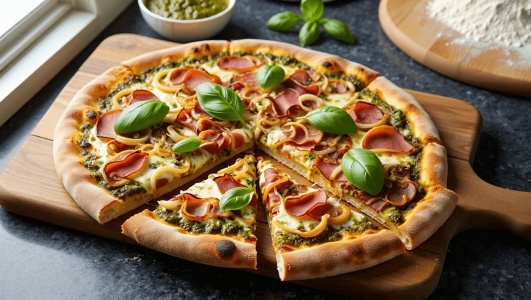 SponsoriséPizza pesto-jambon : la recette maison qui change de la pizza classique