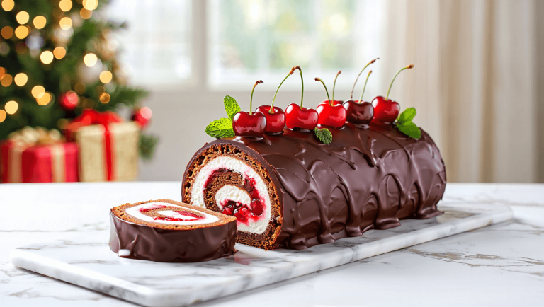Pas envie d’une bûche compliquée ? Cette version roulée façon forêt noire fait un carton pour Noël 2025