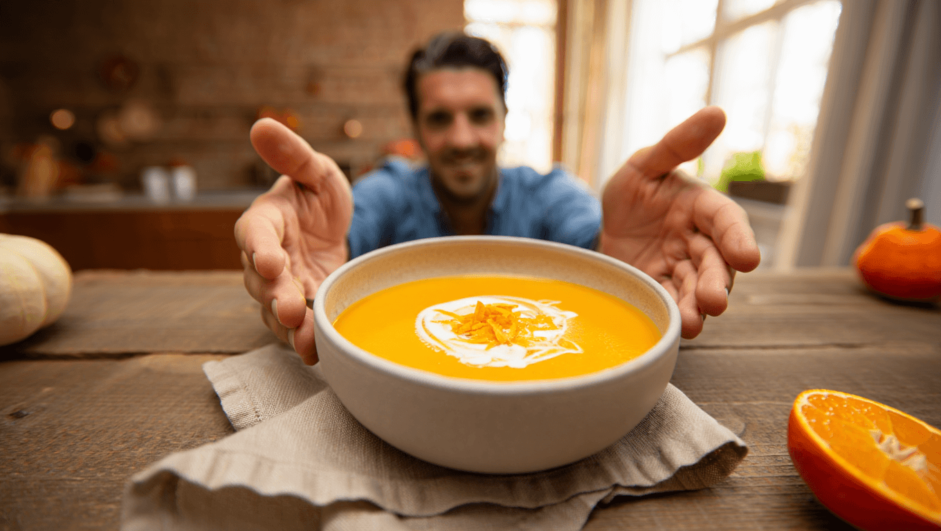 François-Régis Gaudry mise sur un duo inattendu pour la soupe : potimarron et clémentine, et ça marche incroyablement bien