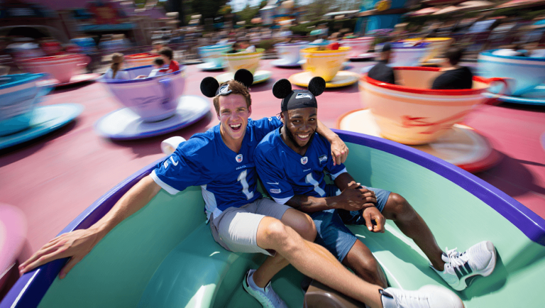 Seahawks Stars Sam Darnold and Kenneth Walker III Celebrate Their Super Bowl Victory with a Spin at Disneyland's Mad Tea Party Ride