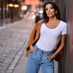 Eva Longoria wearing sweatpant-style jeans