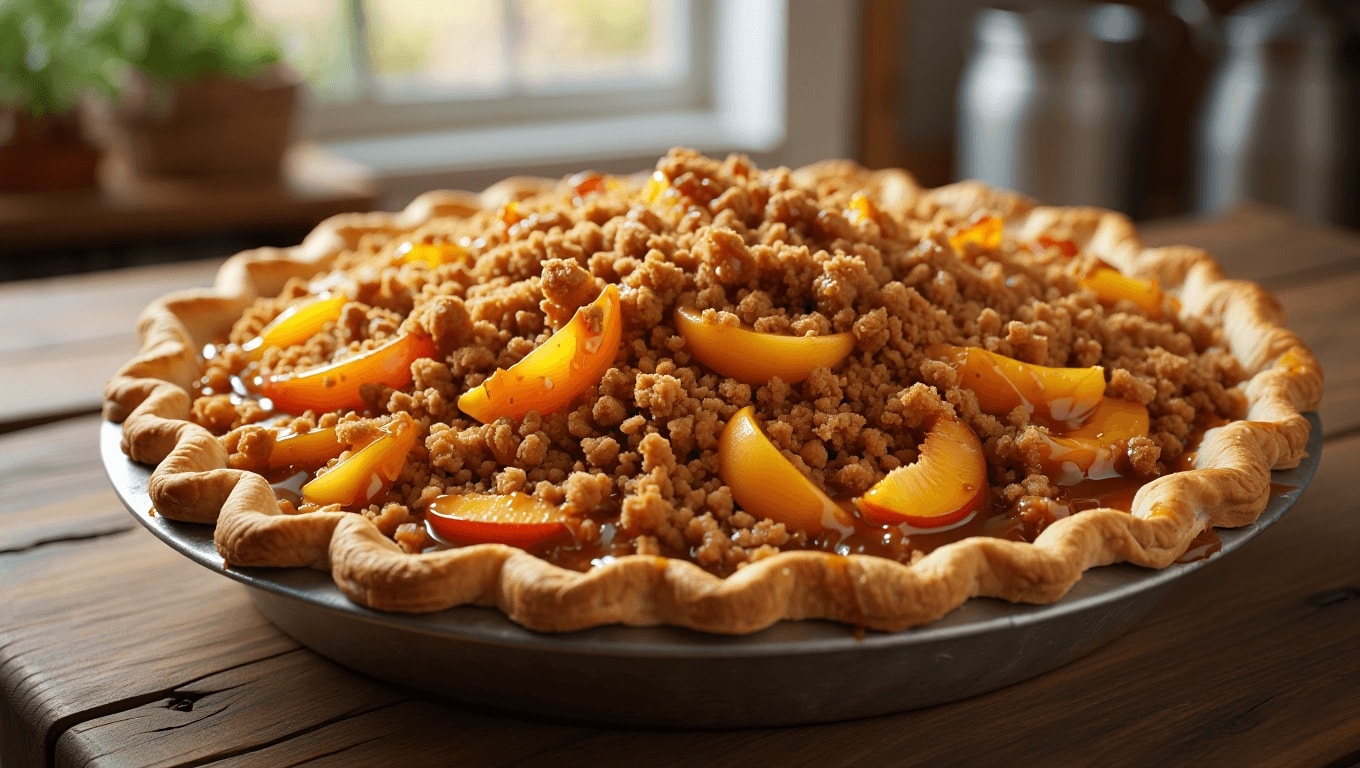 Caramel Crumble Peach Pie