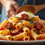 "La pasta du week-end" : la recette ultra-gourmande des rigatoni aux merguez de Stéphanie Le Quellec