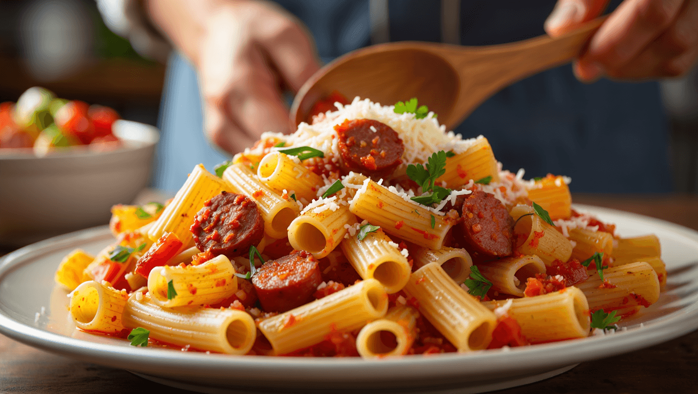 "La pasta du week-end" : la recette ultra-gourmande des rigatoni aux merguez de Stéphanie Le Quellec