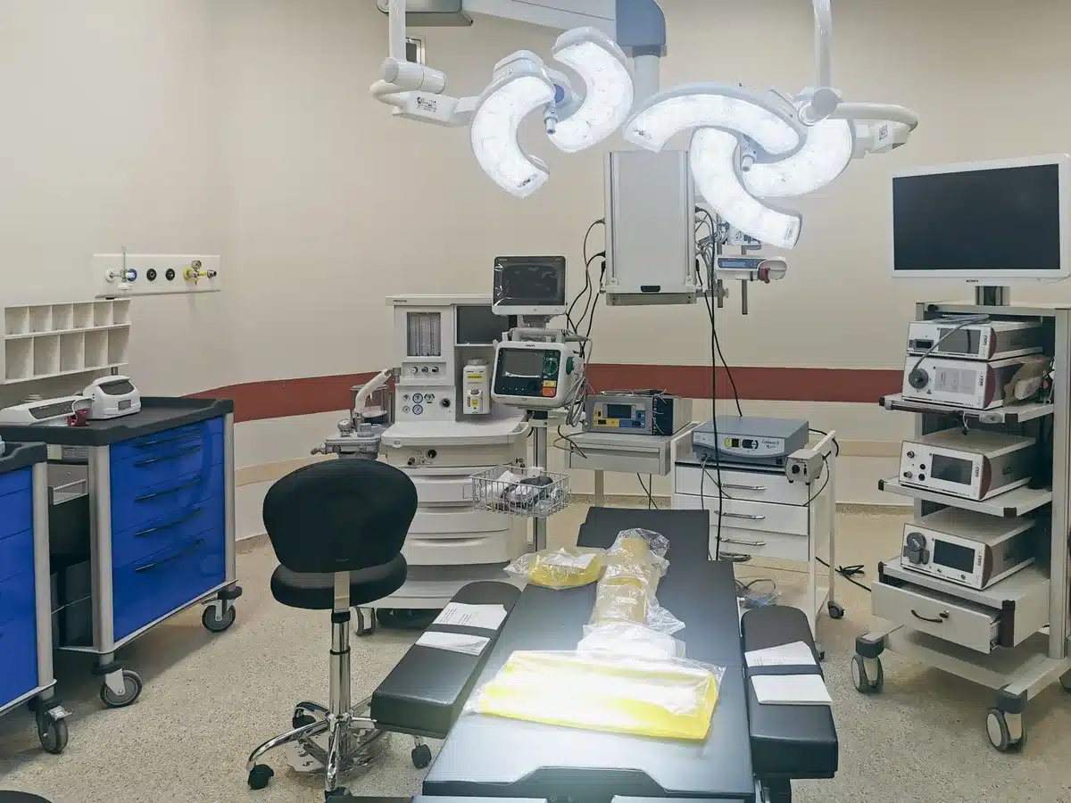 Hospital operating room with medical team preparing for emergency surgery