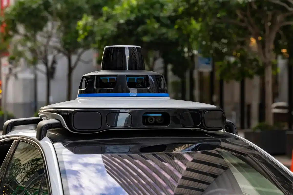 Close-up of autonomous vehicle sensors and technology during road testing