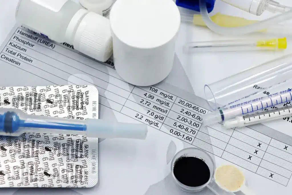 Medicamentos para el colesterol, jeringas y equipo de monitoreo clínico sobre una superficie de laboratorio.
