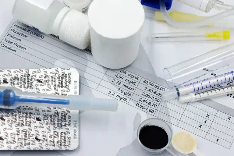 Medicamentos para el colesterol, jeringas y equipo de monitoreo clínico sobre una superficie de laboratorio.