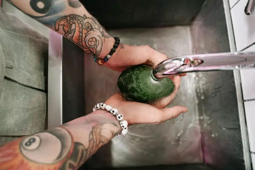 Hands rinsing fresh vegetables and fruits under running water in a kitchen sink