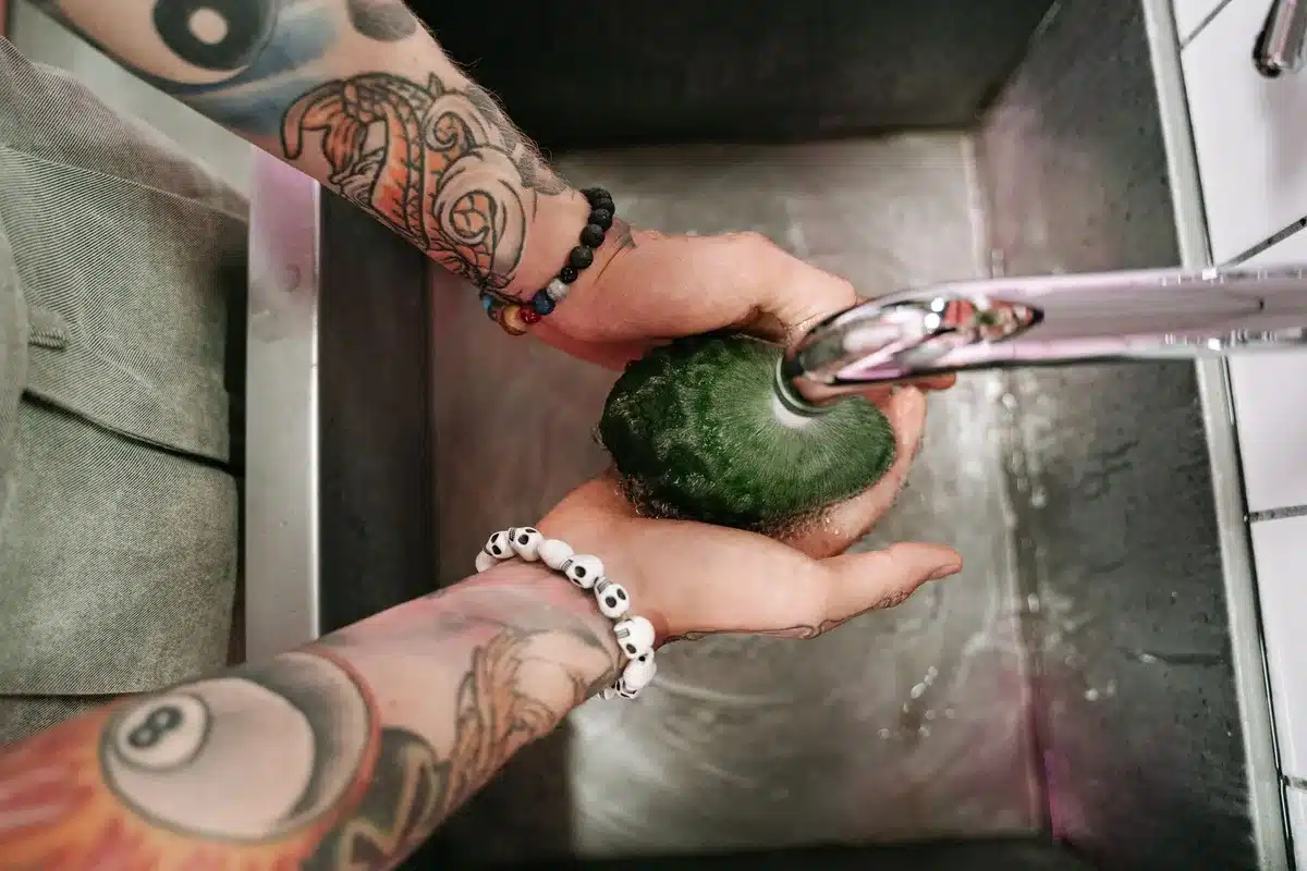 Hands rinsing fresh vegetables and fruits under running water in a kitchen sink