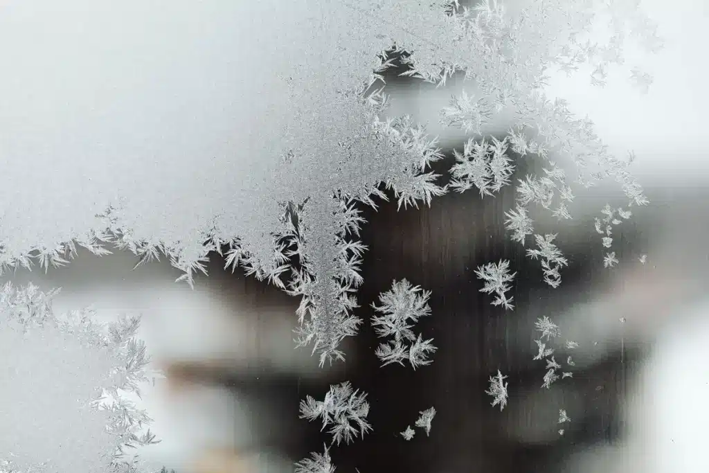 Freezer compartment filled with frost-covered food packages and containers stacked neatly