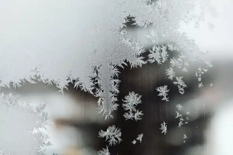 Freezer compartment filled with frost-covered food packages and containers stacked neatly