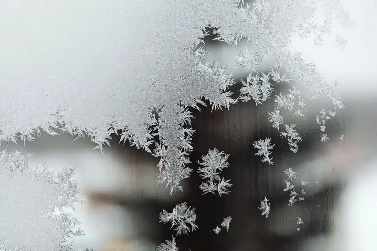 Freezer compartment filled with frost-covered food packages and containers stacked neatly