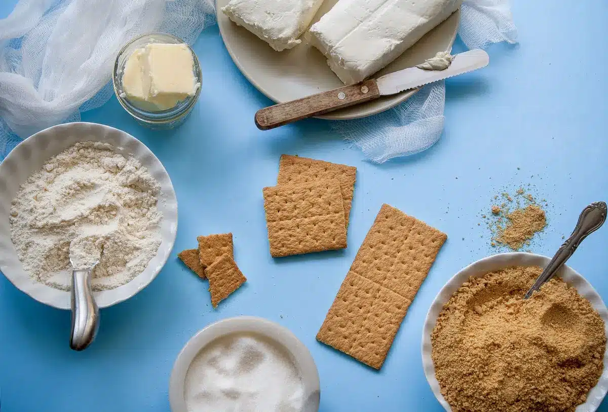 Pantry ingredients for lemon lasagna including graham cracker crumbs, butter, cream cheese, and lemon juice