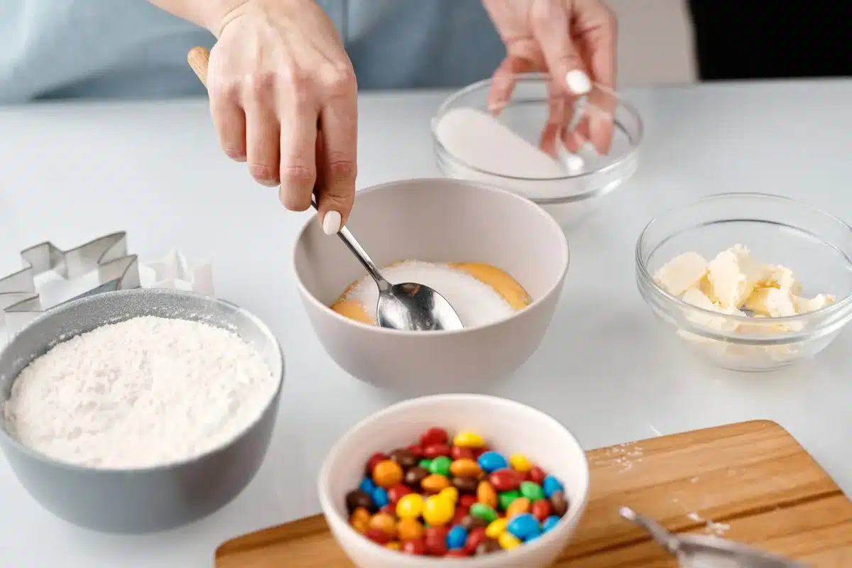 Butter and sugar being creamed together in a mixing bowl with a hand mixer
