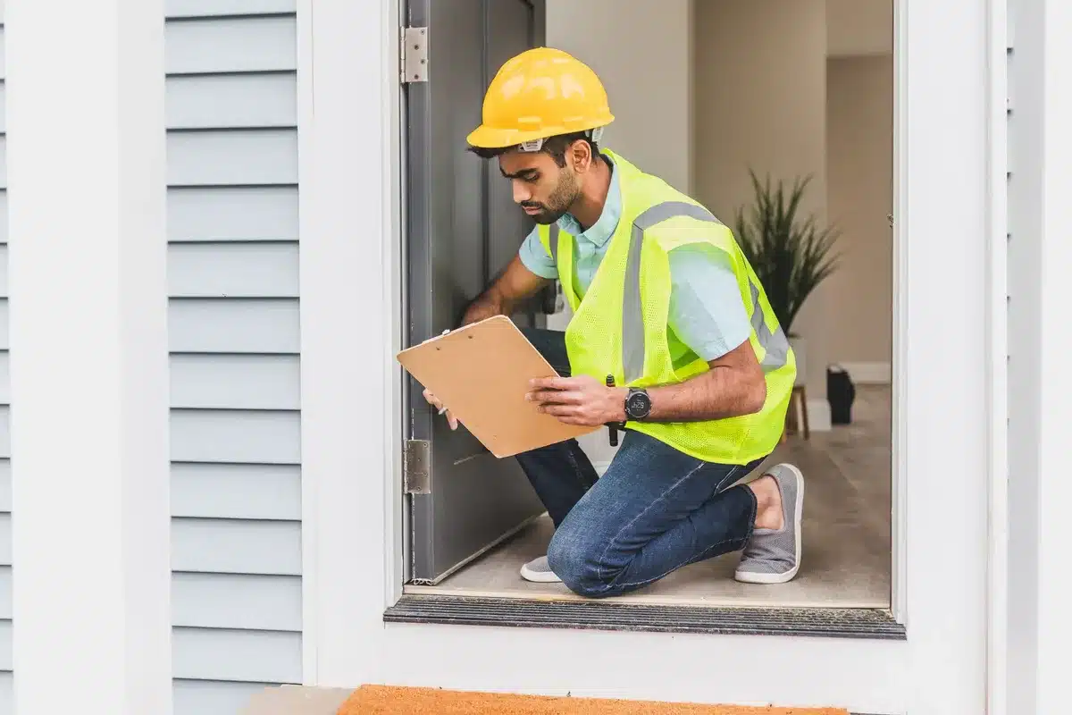 Property surveyor inspecting building structure and walls during home survey