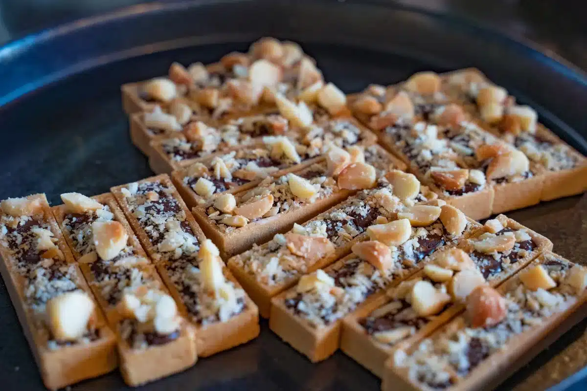 Peach blondie batter baking in a pan in the oven until golden
