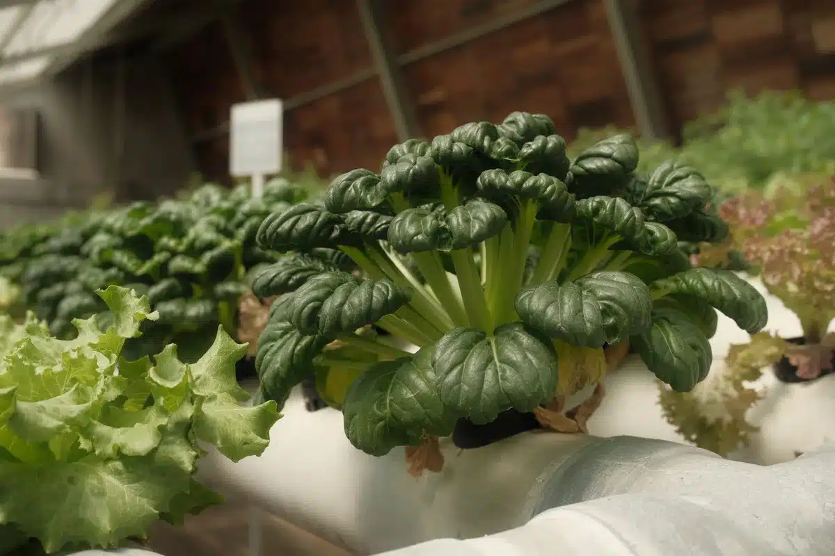 Vegetables growing in a UK greenhouse or farm setting during harvest season