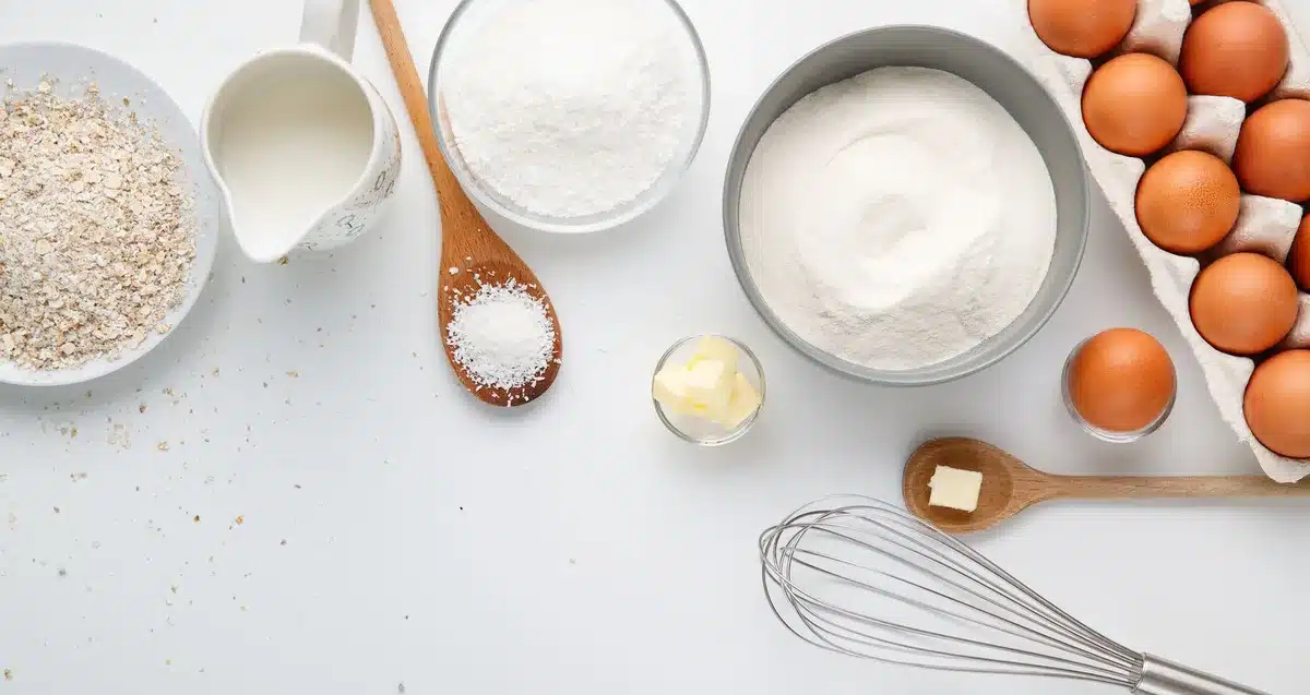 Baking ingredients arranged on counter: flour, eggs, Greek yogurt, sugar, and fresh strawberries