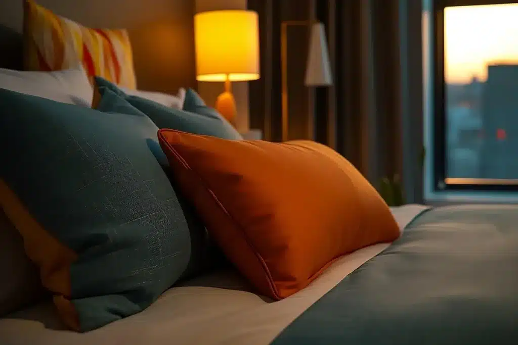 Cosy bed with soft pillows and sheets in natural morning light