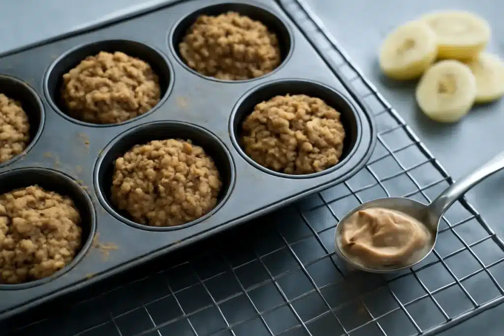 Banana peanut butter baked oatmeal cups: make-ahead breakfast with gooey centers