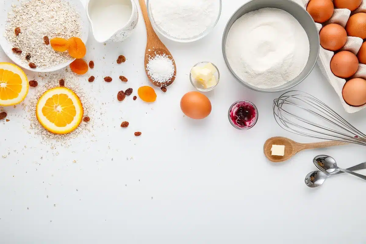 Measured baking ingredients arranged in bowls: graham cracker crumbs, sugar, cream cheese, blueberries, and butter