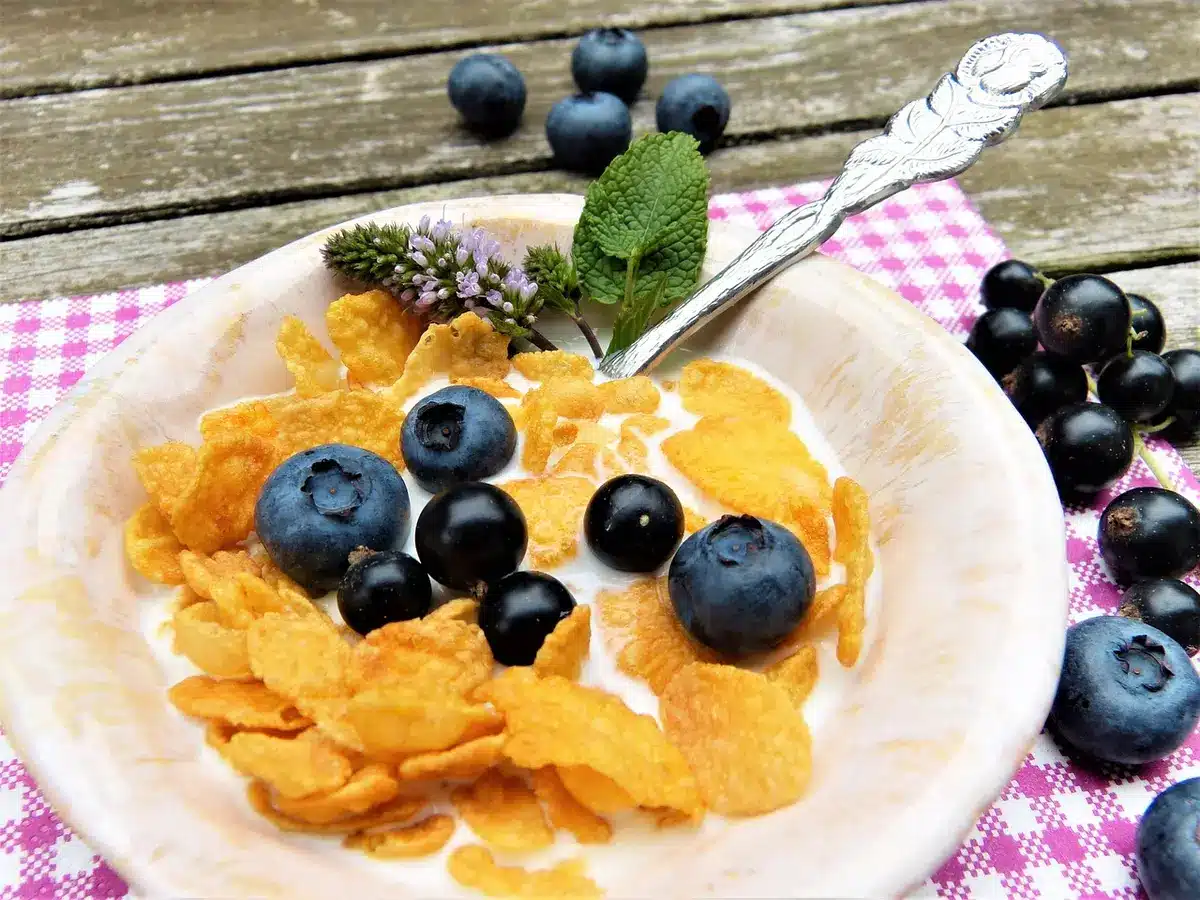 Fresh blueberries mixed with sugar and lemon zest in a mixing bowl