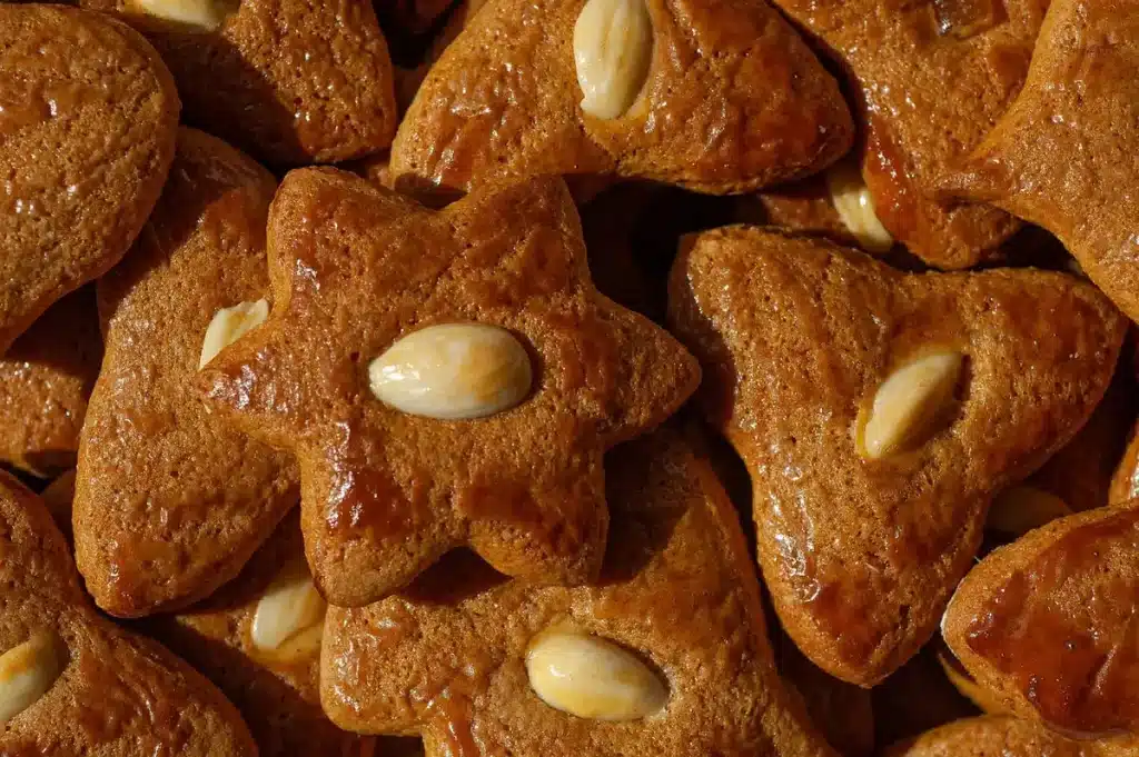 Zimtsterne cinnamon star cookies with powdered sugar, almonds and cinnamon sticks on a wooden surface