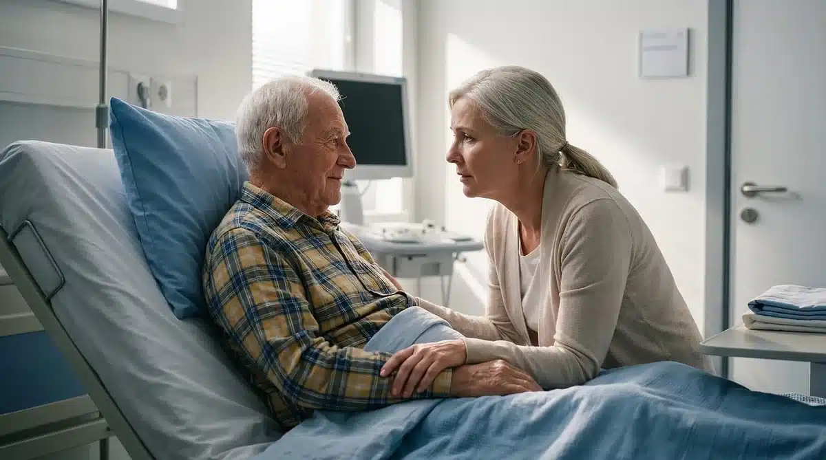 A community support group meeting with patients and caregivers sharing information