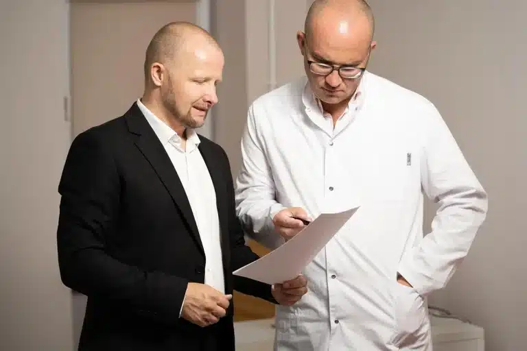 Doctor and patient reviewing medical documents and discussing treatment options during a consultation.