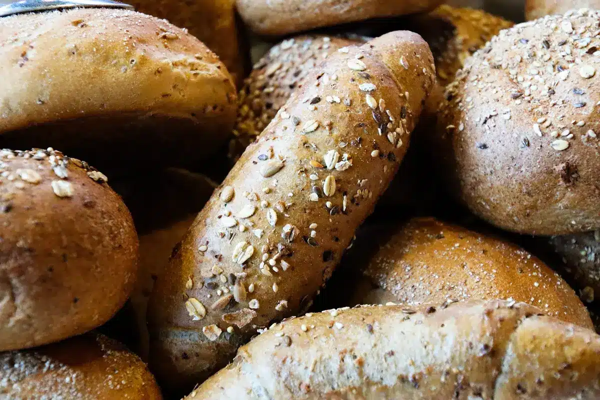 Close-up of whole-grain wheat kernels showing bran and germ