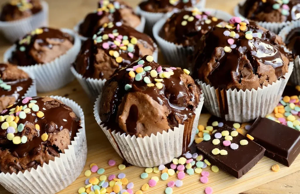 Muffin tin of Oreo cheesecake cupcakes with glossy ganache being spooned on in daylight